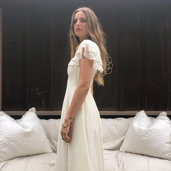 ✿VTG Beautiful White Flutter Neck Midi Dress M - Picture 3 of 6